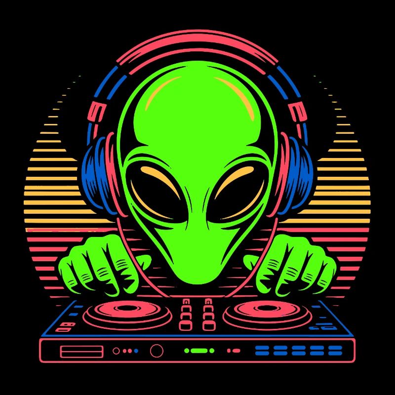 DJ extraterrestre avec casque et platine vinyle