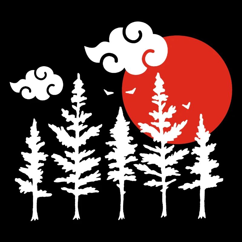 White trees and red sun