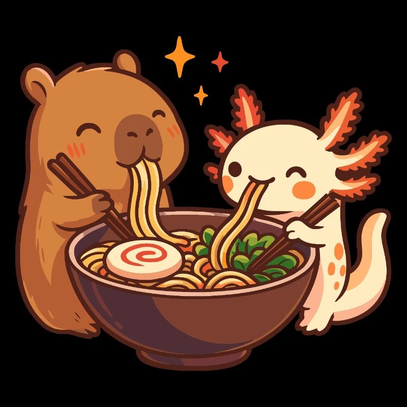 Capybara mit Axolotl isst Nudeln Ramen kawaii