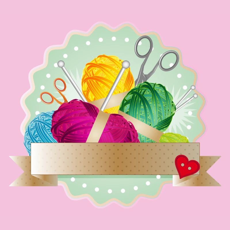 Balls of wool, button & knitting needles as a colorful patch