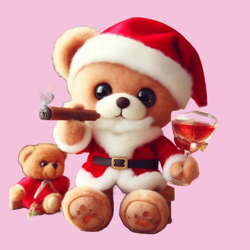 Weihnachtsteddy mit Zigarre und Wein