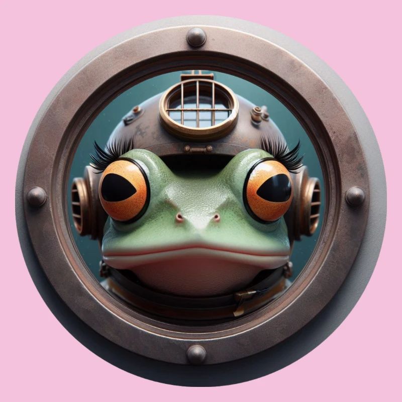 Frog with diving helmet looking through porthole