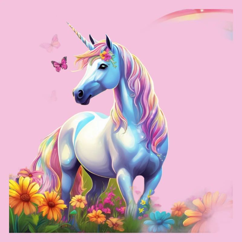 Himmlisches Einhorn im Blumenfeld mit Schmetterlin