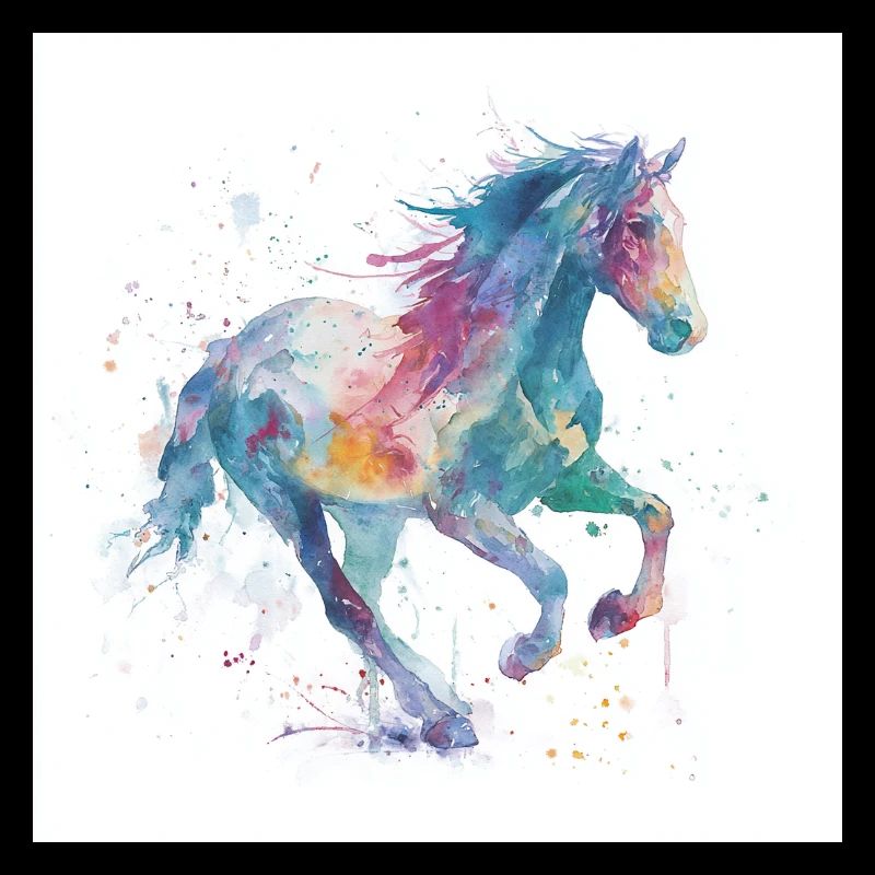 Cheval aquarelle au galop arc-en-ciel