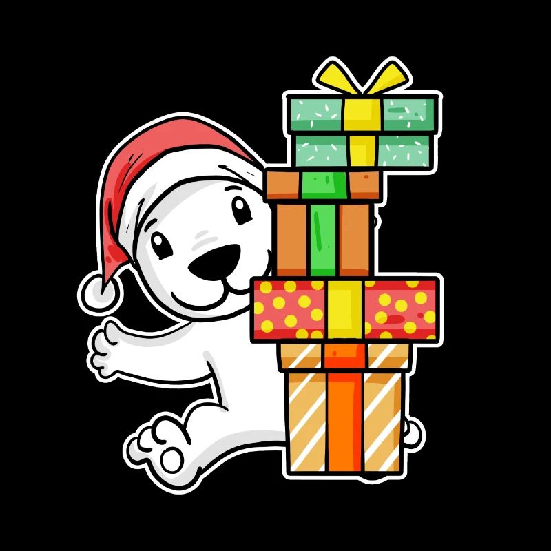 Polar bear with Santa hat and Christmas gift