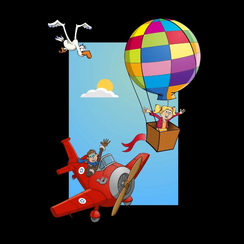Mädchen in einem Heißluftballon und einem roten Flugzeug