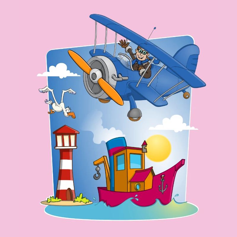 Sonne, Meer, Flugzeug, Boot, Leuchtturm und Möwe