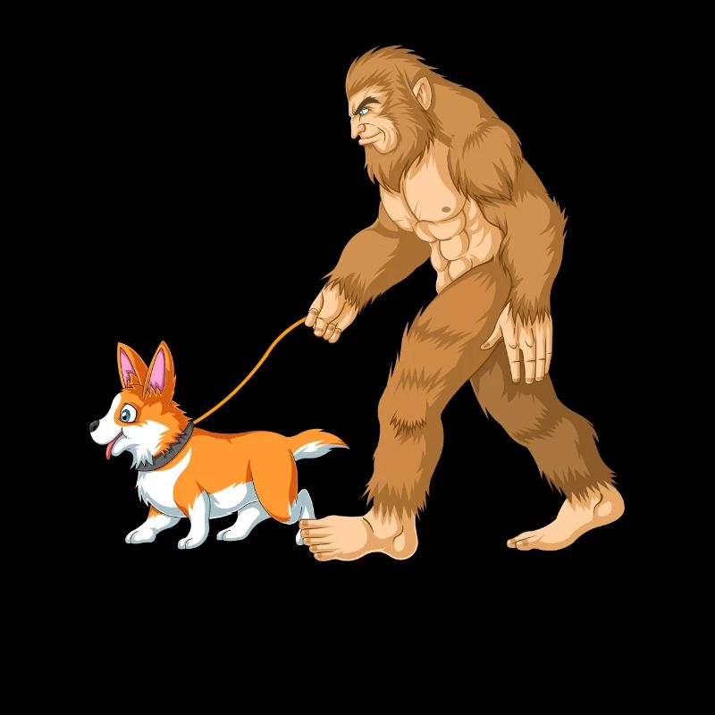 Bigfoot Walking a Corgi – Funny Cryptid Dog Design