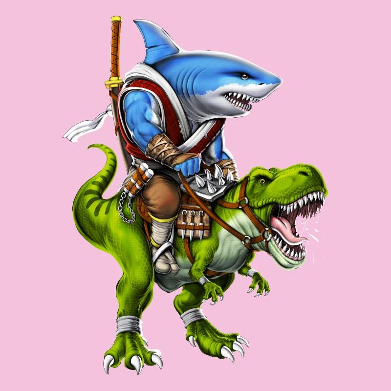 Requin samouraï chevauchant un dinosaure T-Rex