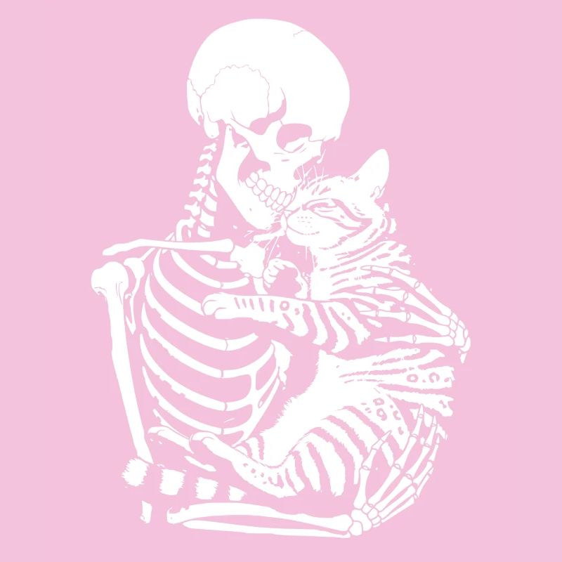 Skeleton hugging cat
