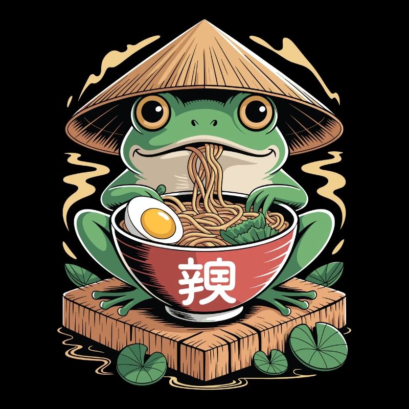 Cheerful ramen frog with rice straw hat and