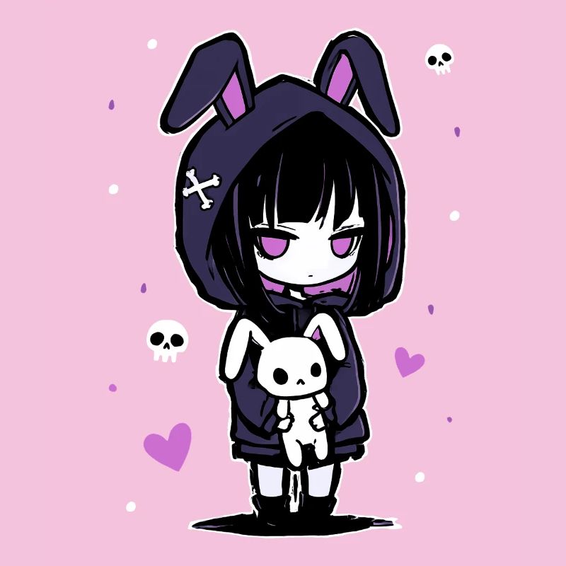 Fille d'anime gothique avec un sweat à capuche en forme de lapin et un crâne