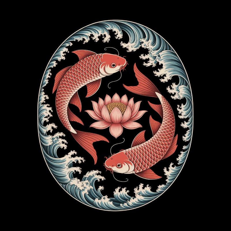 Poisson koï et fleur de lotus dans l’art des vagues