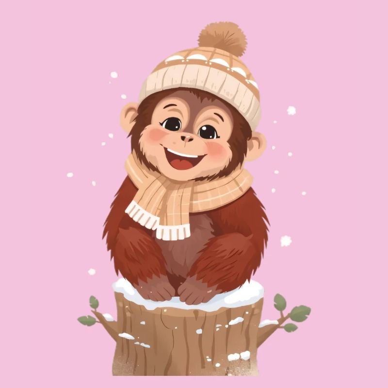 Winter monkey on tree stump