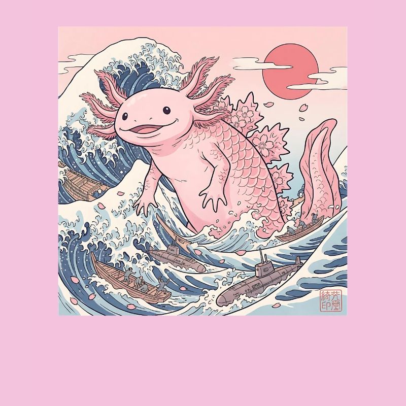 Cute Axolotl Kaiju In Japanese Wave