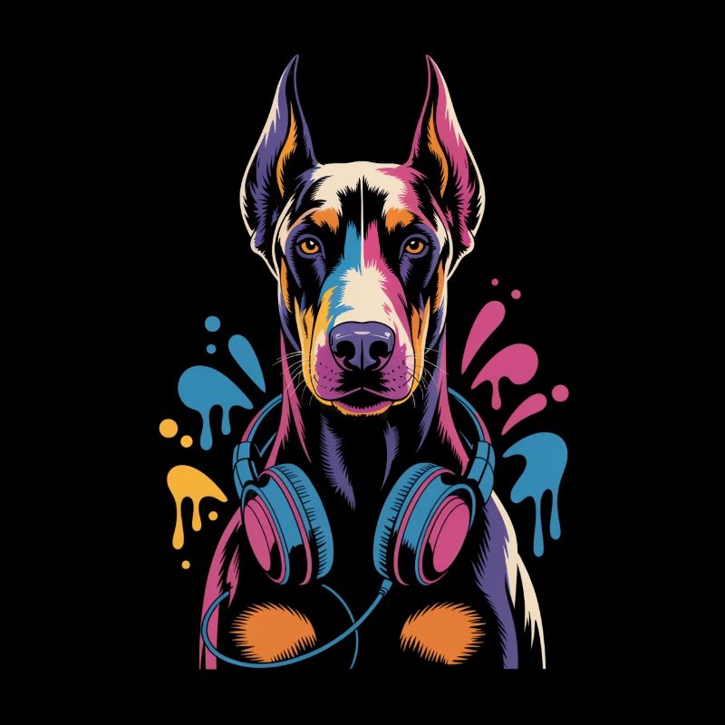 Dobermann mit Kopfhörern