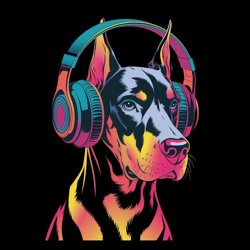 Dobermann mit Kopfhörern