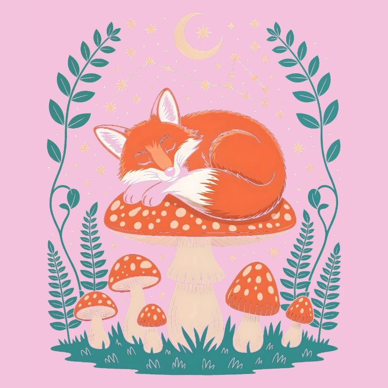 Sleeping Fox on Mushroom Under Starry Sky