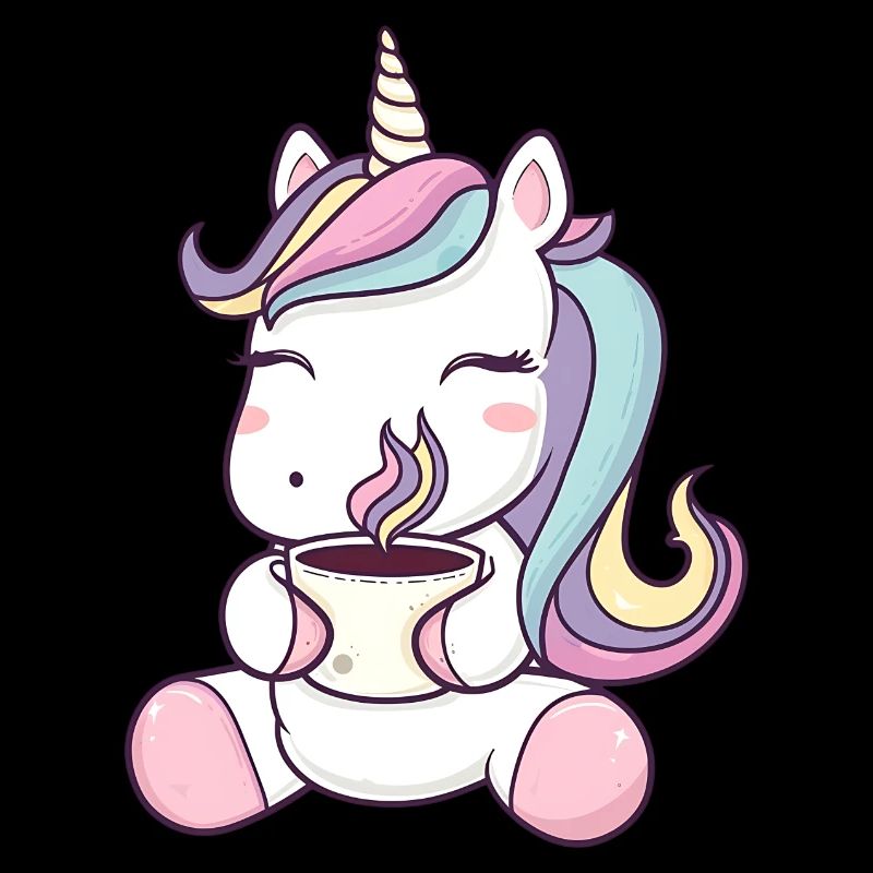 Süßes Einhorn mit Kaffeetasse - skurriler Cartoon