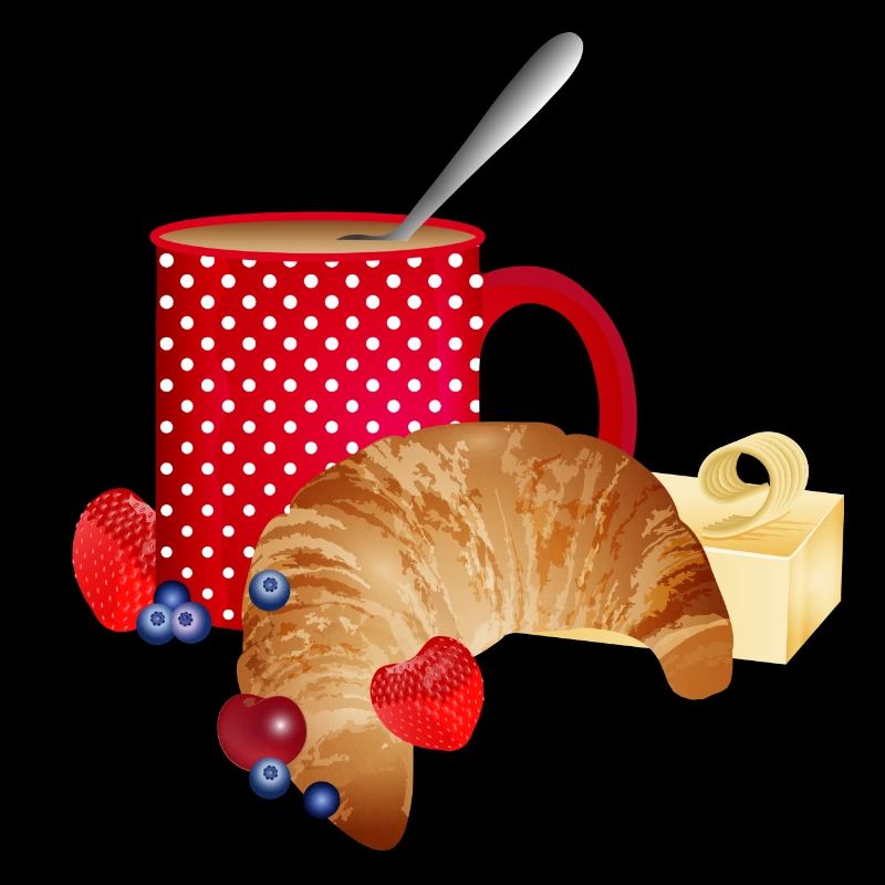 Breakfast still life with croissant, coffee, berries