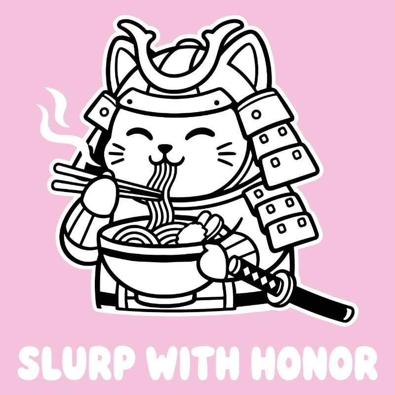 Samurai cat eating noodles
