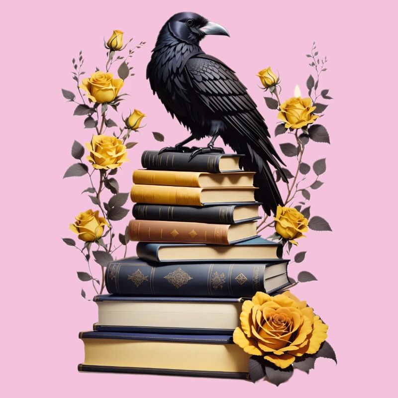 Stack of books with raven