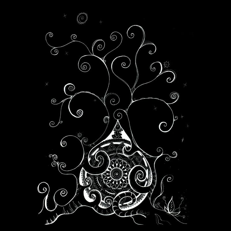 Playful Snow Tree in Black and White with Mandala