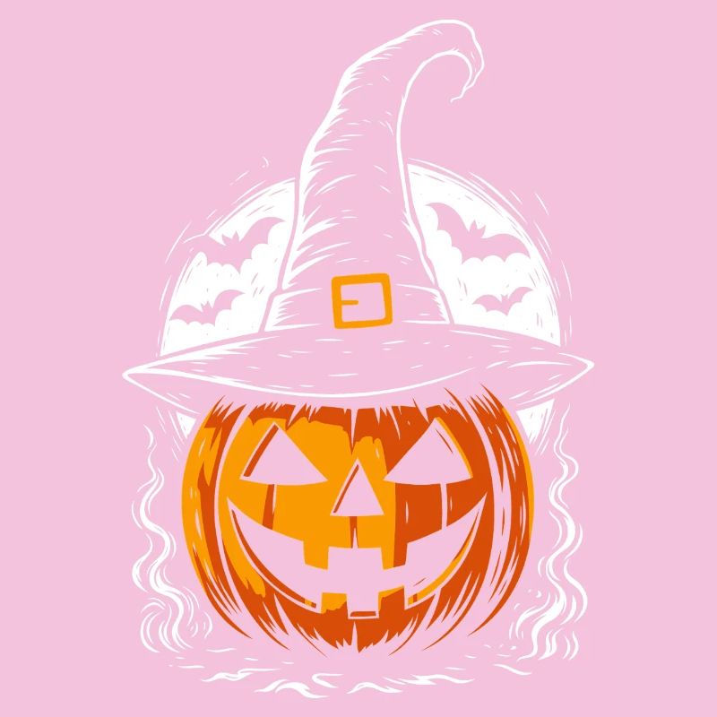Spooky pumpkin with witch hat & full moon