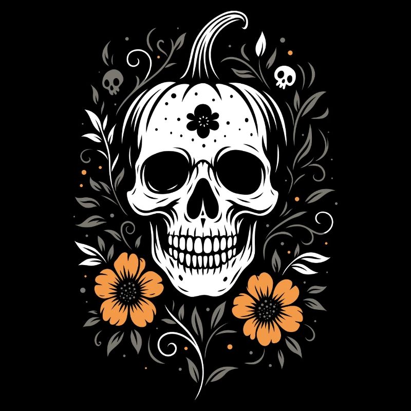 Halloween Skull with Pumpkin Stem & Flowers