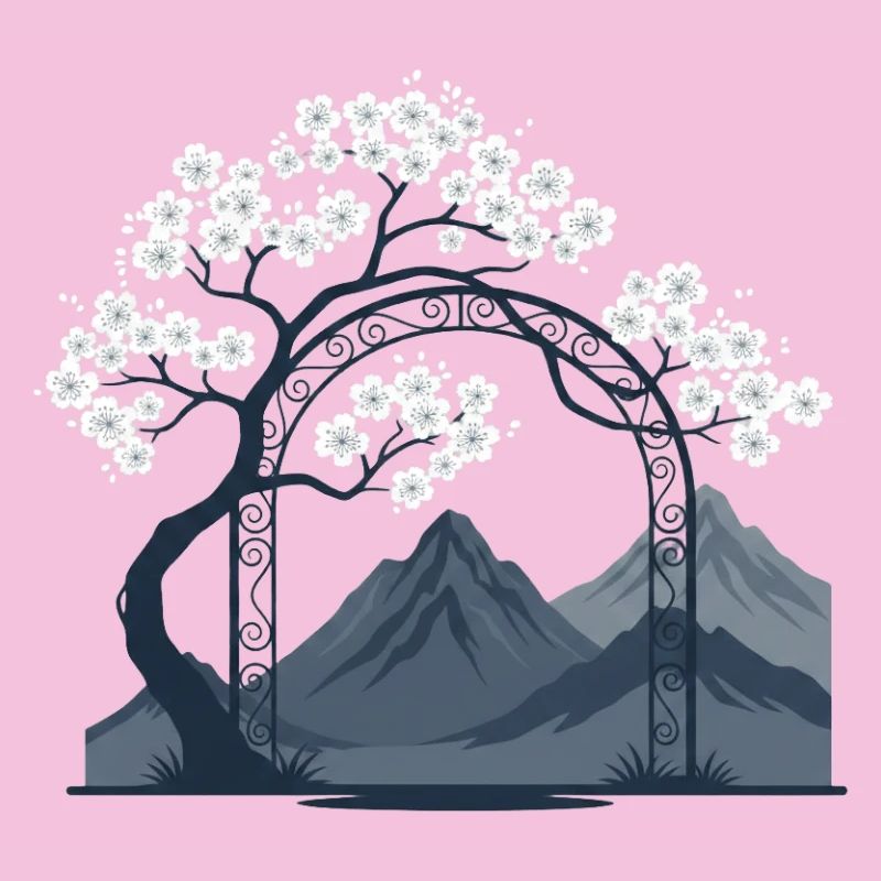 Sakura Bogen über Bergkette