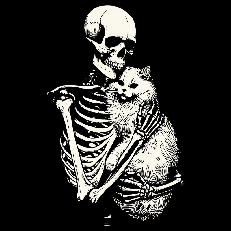 Skeleton hugging cat