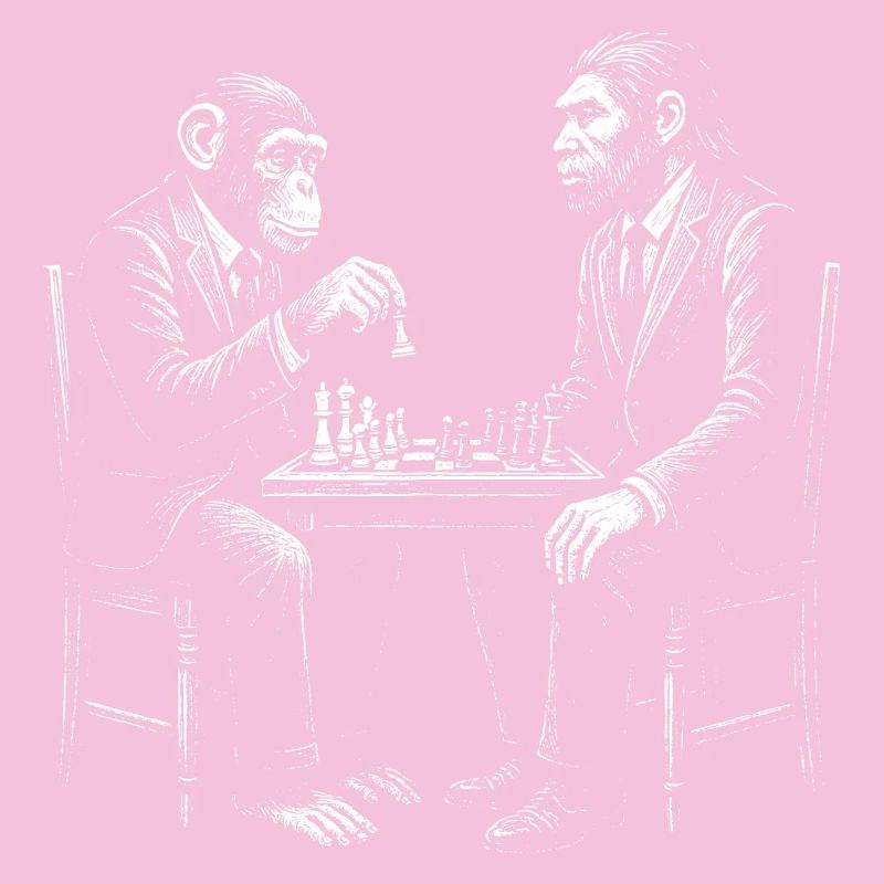 Un singe joue aux échecs avec un Homo erectus. Design amusant.