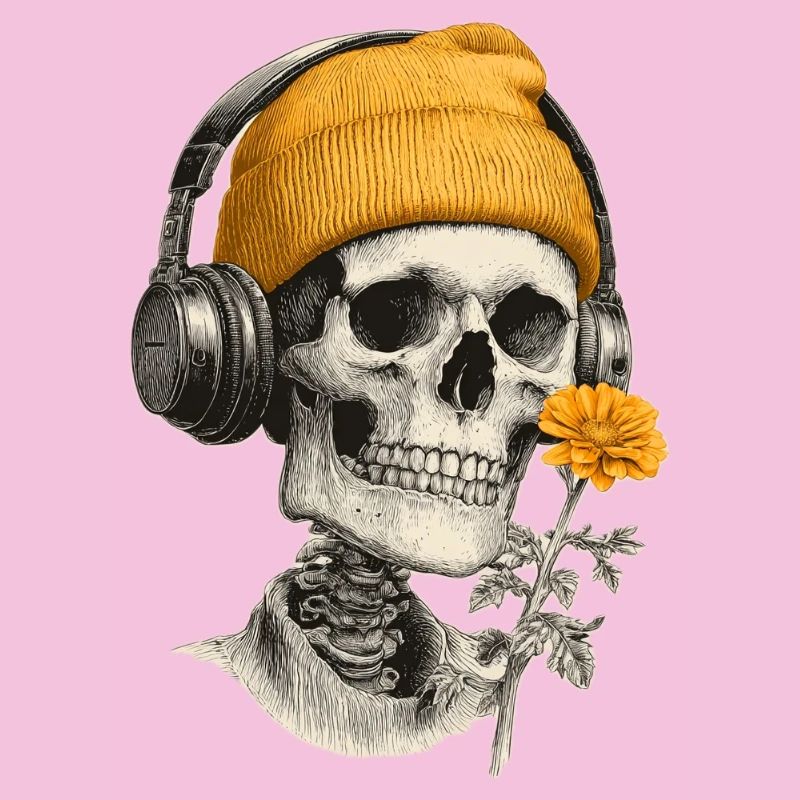 Crâne avec capuchon jaune et casque