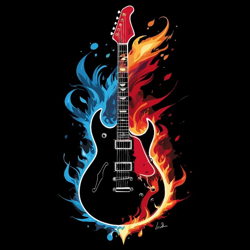 Flaming blue, orange, red guitar