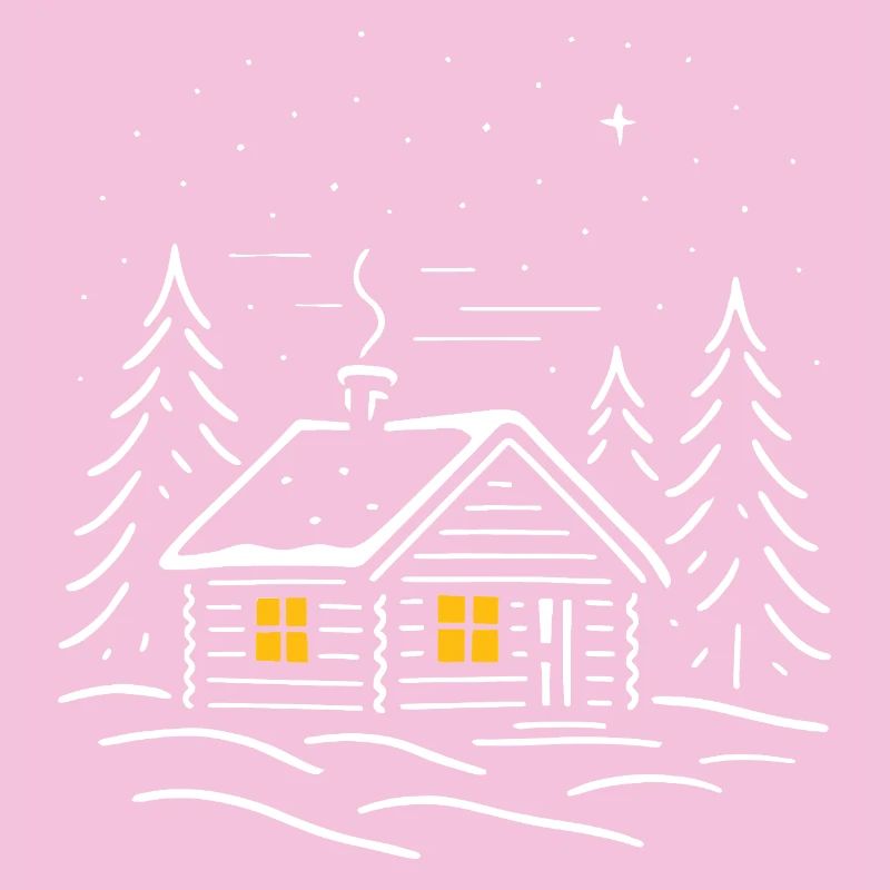 Illuminated snowy cabin with a tree