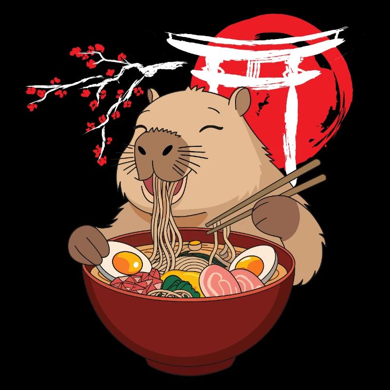 Capybara mange une soupe de ramen mignonne drôle