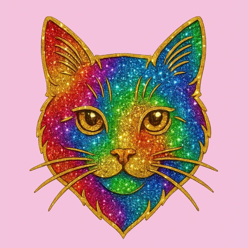 Rainbow Glitter Cat Gold Rim