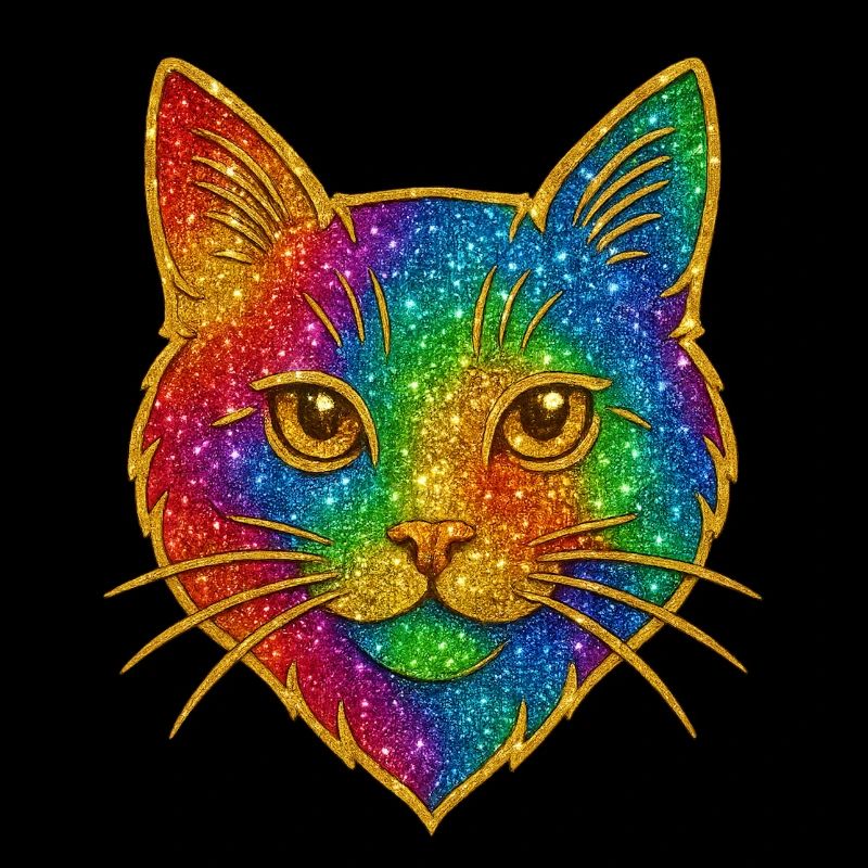 Rainbow Glitter Cat Gold Rim