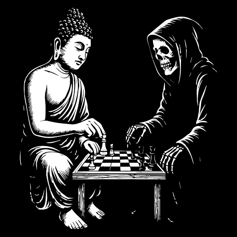Bouddha joue au duel d’échecs avec un squelette