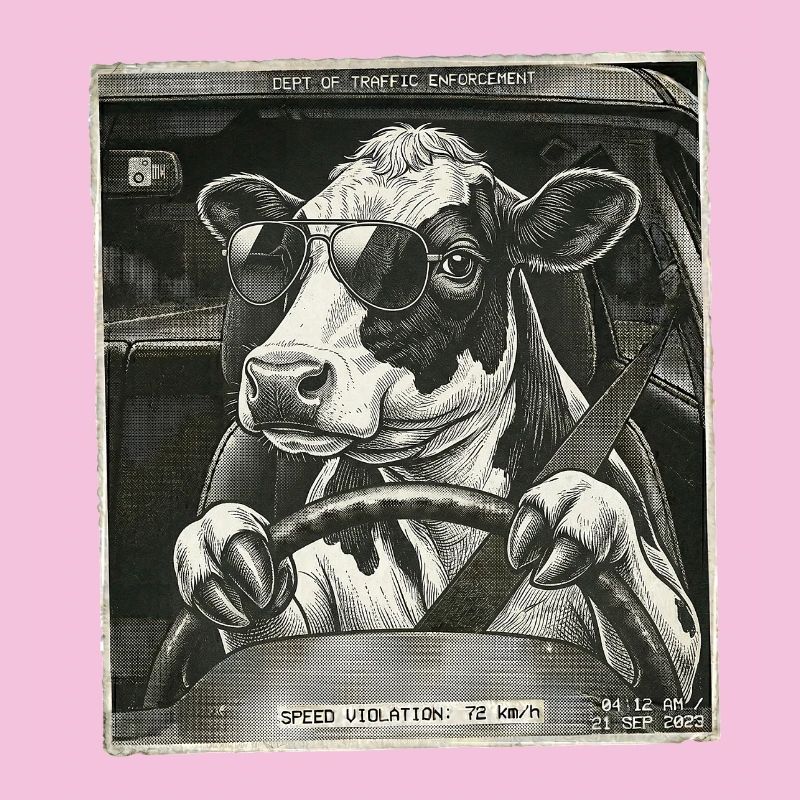 Dairy cow flashed driving a car