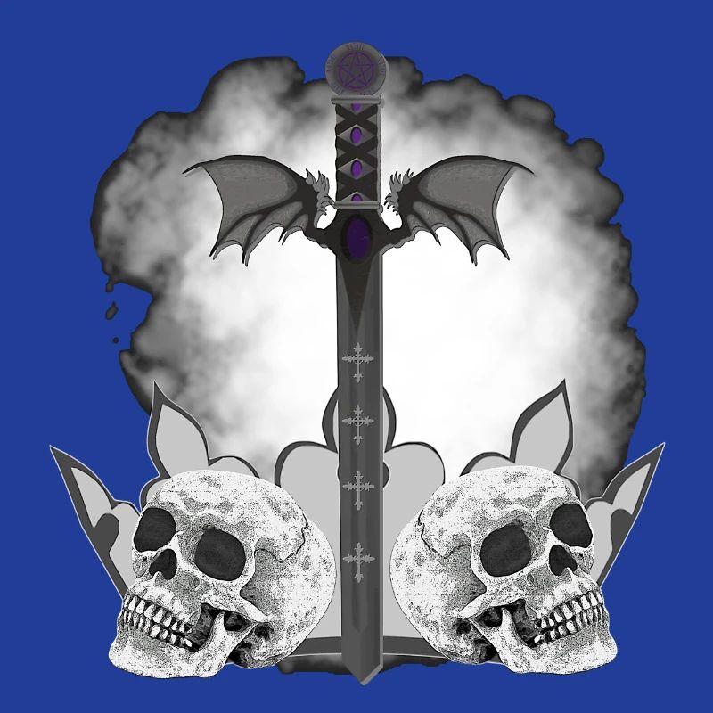 Menschenschädel, Schwerter, Dämonenflügel, vanitas
