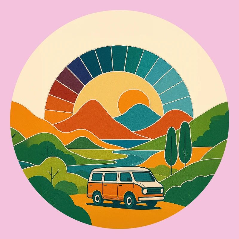 Retro Landschaft mit Van – Reise im Sonnenbogen