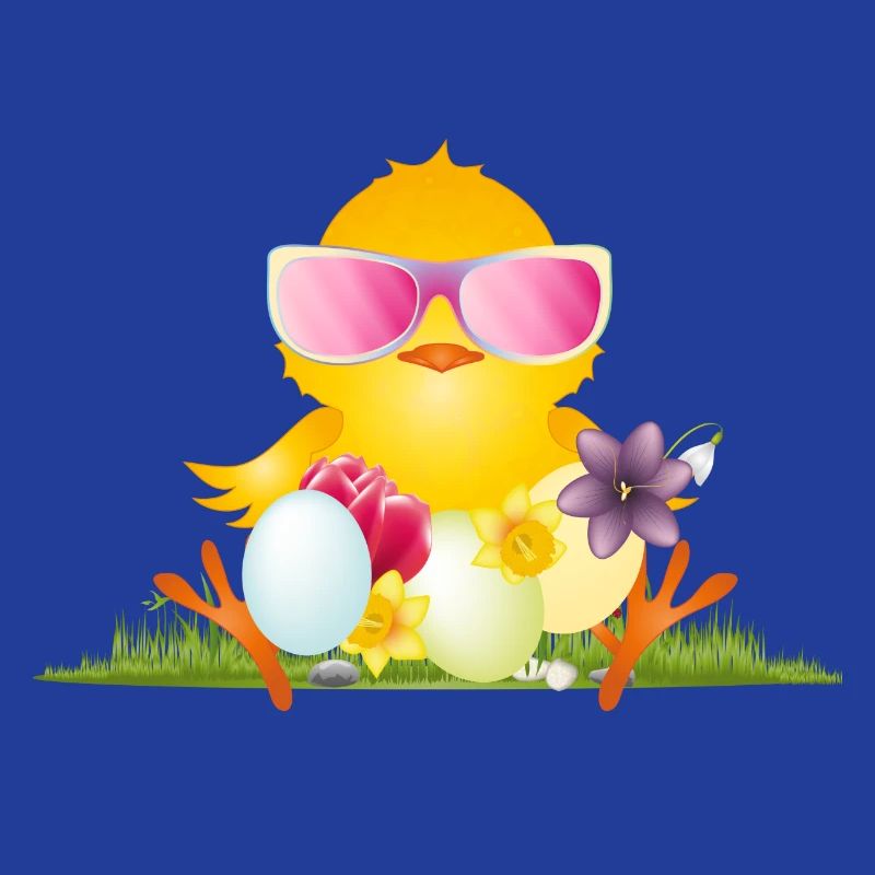fluffy chick with Easter eggs and pink glasses