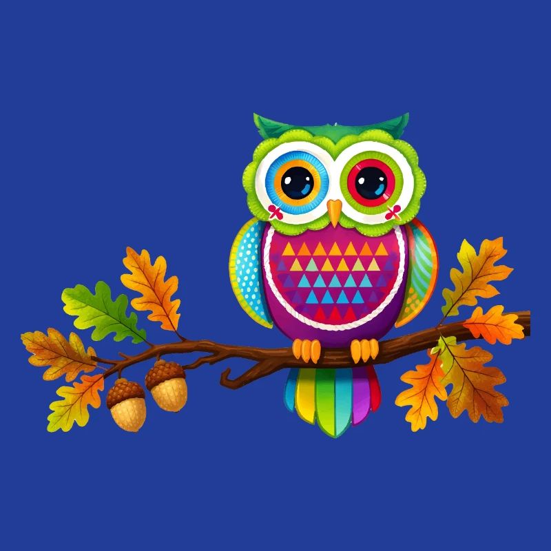 Bunte Eule auf Ast mit Herbstblättern