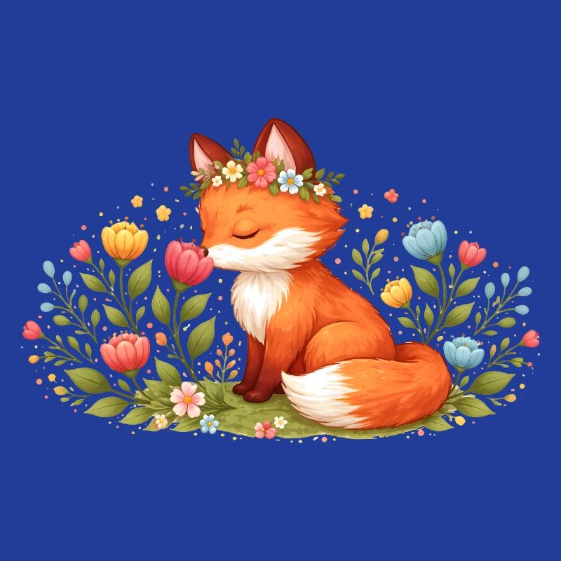 Cute spring fox with flower wreath