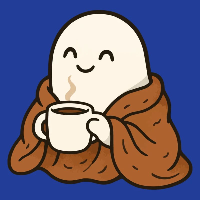 Cuddly Ghost with Coffee and Blanket