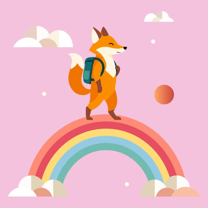 Cheerful fox with backpack on rainbow