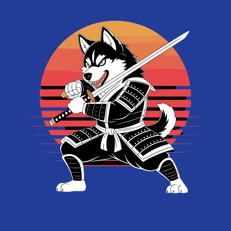 Husky Samurai Warrior With Katana Before Retro