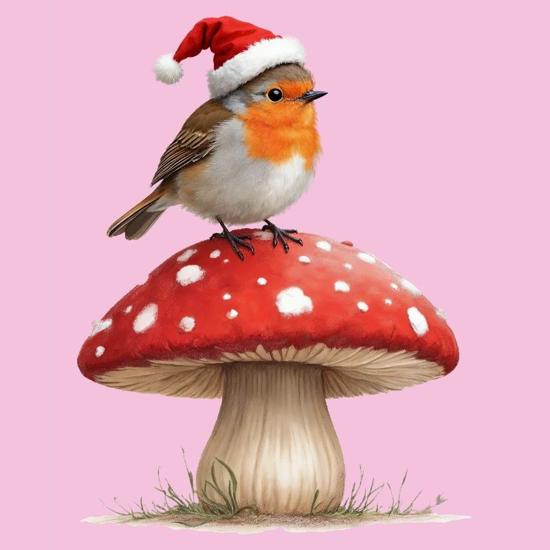 Robin in Santa Hat on a Red Mushroom