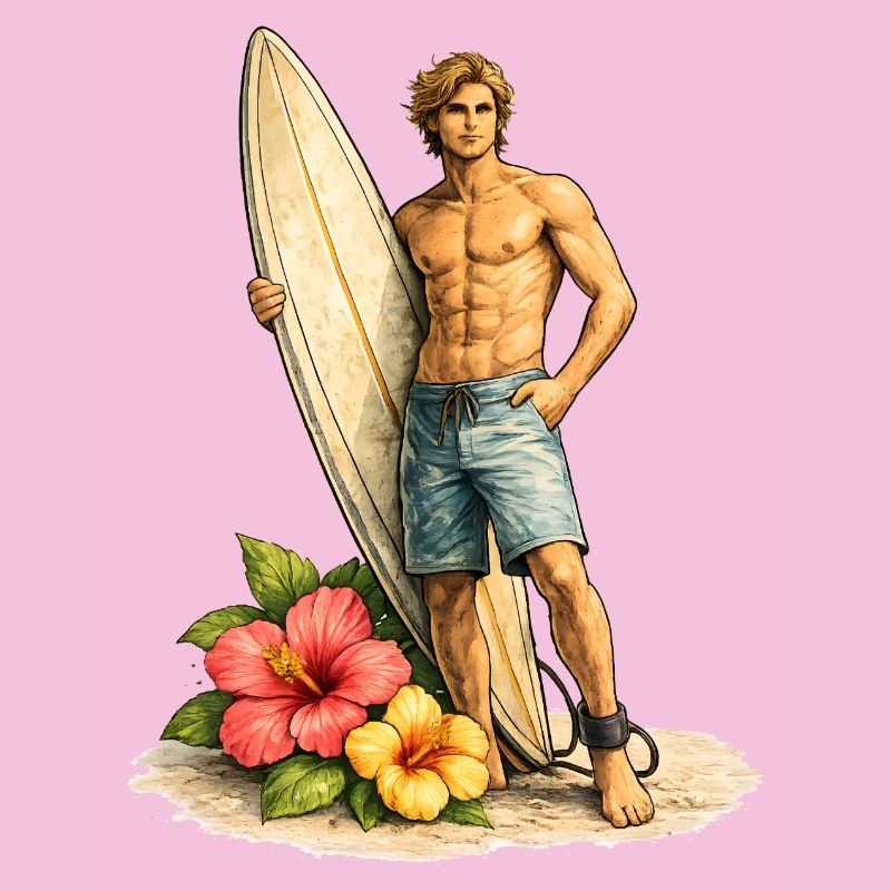 Surfer with board on tropical beach